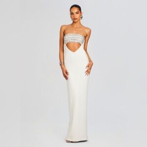 NWT Retrofete Swan Dress White Maxi Gown Beaded Crystal Cut Out Strapless M